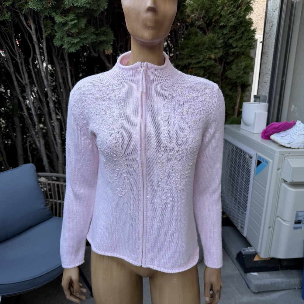 Vintage Tabi Pink Zip Knit Cardigan Sequins Embroidery Coquette Mock Neck M - Picture 10 of 10